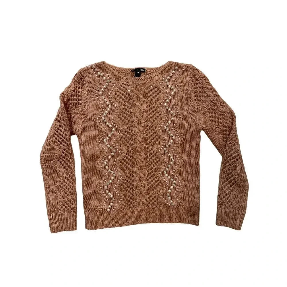 Aqua Pearl Embellished Knit Sweater XS
